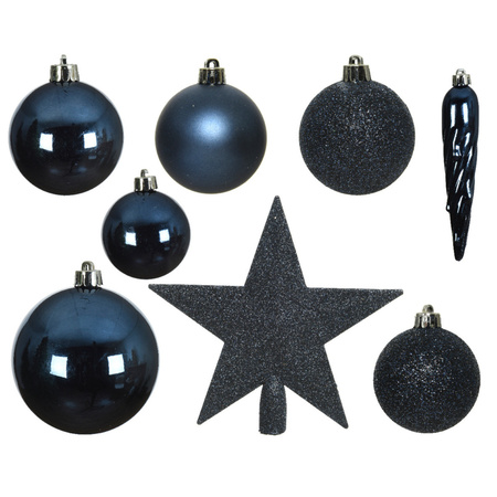 Set of 33x pcs plastic christmas baubles dark blue star tree topper mix
