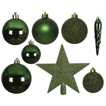 Set of 33x pcs plastic christmas baubles dark green star tree topper mix