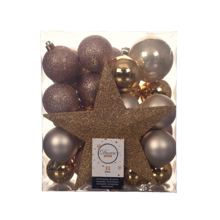 33x pcs plastic christmas baubles gold-champagne-brown incl. tree topper and bead garland gold