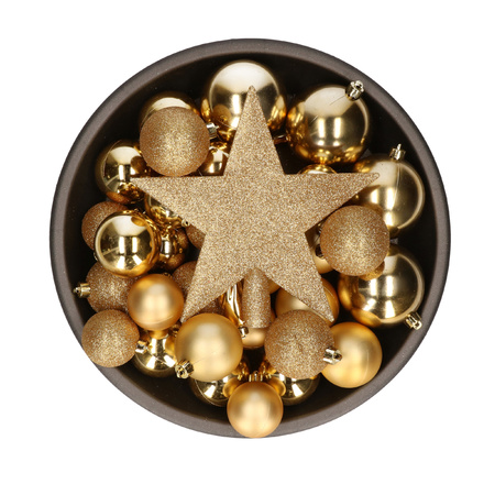 Bellatio Decorations Kerstballen - met piek - 33 stuks - goudkleurig - onbreekbaar - 5-6-8 cm
