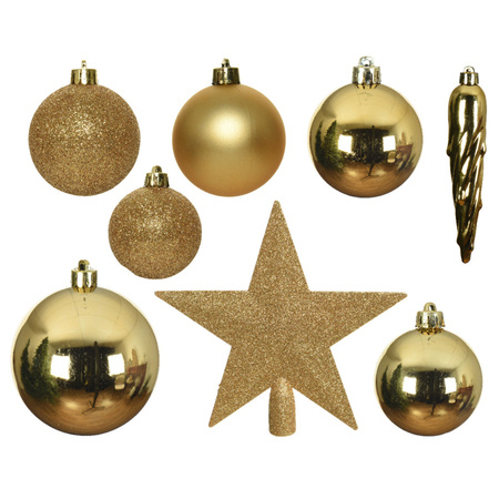 70x stuks kunststof kerstballen met ster piek goud mix 5, 6 en 8 cm