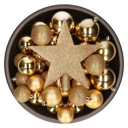 Set of 33x pcs plastic christmas baubles gold star tree topper mix