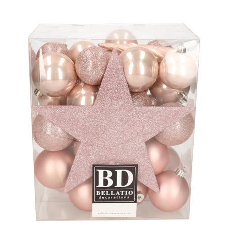 Set of 33x pcs plastic christmas baubles light (blush) pink star tree topper mix