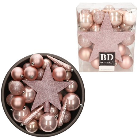 Set van 33x stuks kunststof kerstballen met ster piek lichtroze (blush pink) mix
