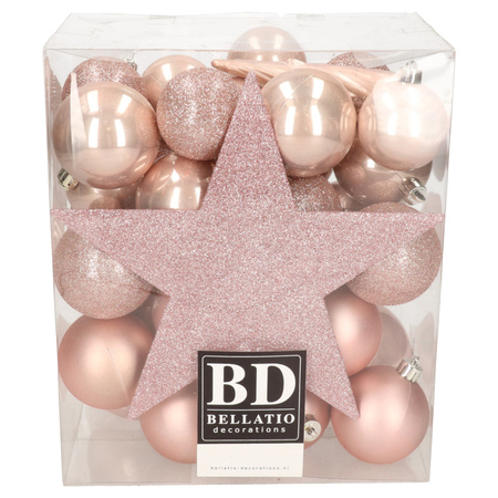 Set van 33x stuks kunststof kerstballen met ster piek lichtroze (blush pink) mix