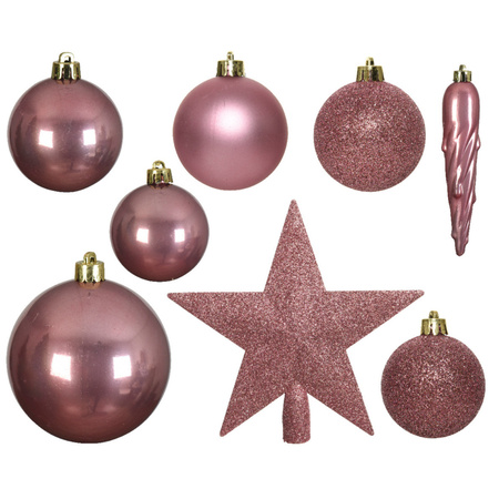 Set of 33x pcs plastic christmas baubles velvet old pink star tree topper mix