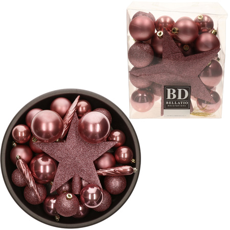 Set van 33x stuks kunststof kerstballen met ster piek oudroze (velvet pink) mix