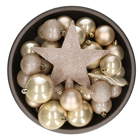 Set of 33x pcs plastic christmas baubles pearl champagne with star tree topper mix