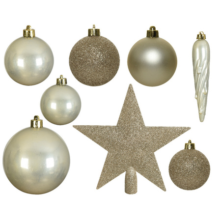 33x stuks kunststof kerstballen met ster piek parel/champagne inclusief gouden kerstboomhaakjes