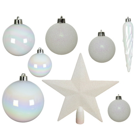 Set of 33x pcs plastic christmas baubles white pearl star tree topper mix