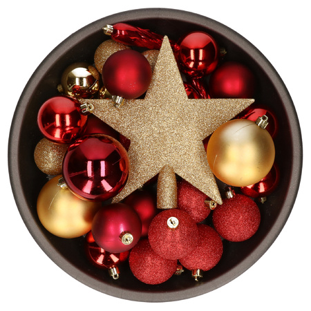 Set of 33x pcs plastic christmas baubles red/gold star tree topper mix