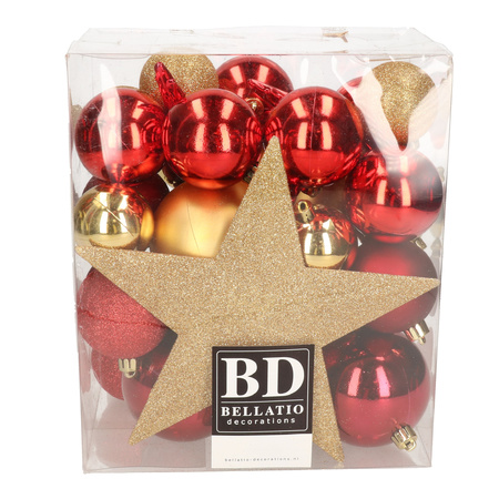 Bellatio Decorations Kerstballen - met piek - 33 stuks - rood-goud - 5-6-8 cm