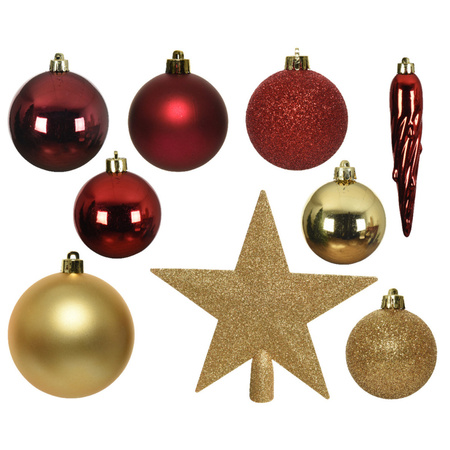 Set of 33x pcs plastic christmas baubles red/gold star tree topper mix