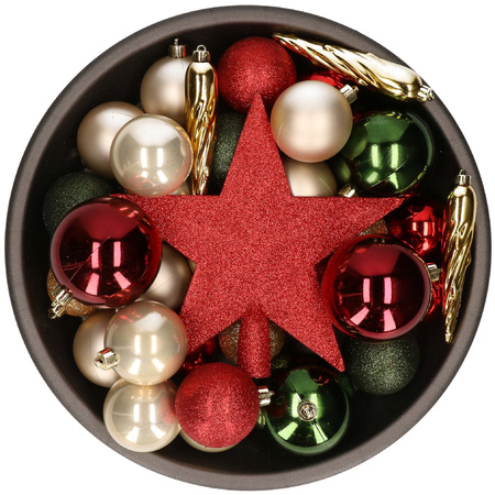 Set of 33x pcs plastic christmas baubles red/green/champagne star tree topper mix