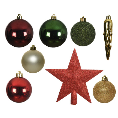 Set of 33x pcs plastic christmas baubles red/green/champagne star tree topper mix