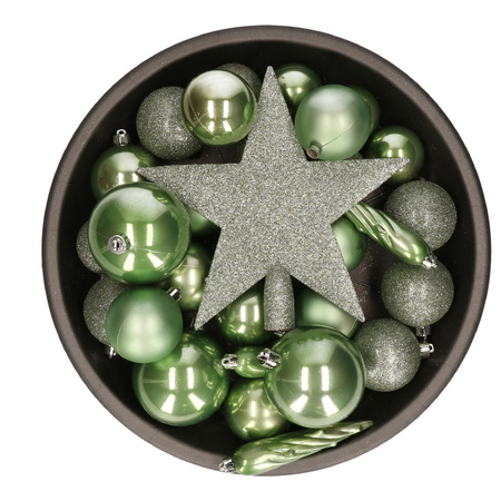 Bellatio Decorations Kerstballen - met piek - 33 stuks - salie groen - 5-6-8 cm