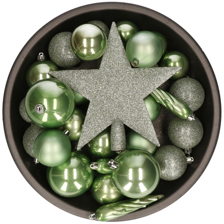 Set van 33x stuks kunststof kerstballen met ster piek salie groen mix