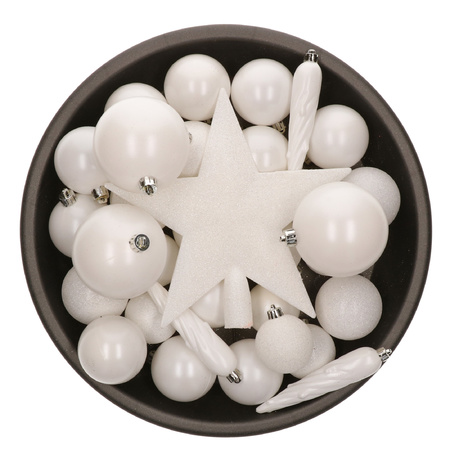 Set of 33x pcs plastic christmas baubles white with star tree topper mix