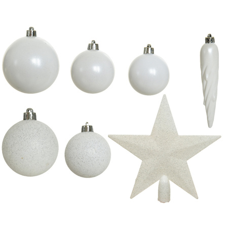 Set of 33x pcs plastic christmas baubles white with star tree topper mix