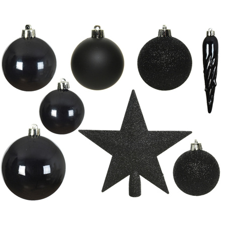 Set of 33x pcs plastic christmas baubles black star tree topper mix