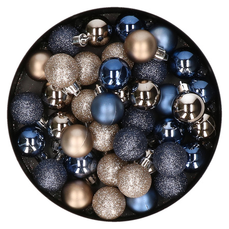 Set van 40x stuks kunststof kerstballen mix champagne en donkerblauw 3 cm