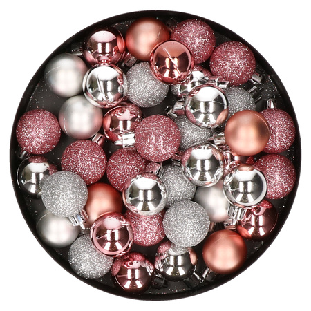 Set of 40x pcs plastic christmas baubles silver and pink 3 cm