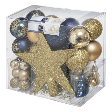 Set van 43x stuks kunststof kerstballen met ster piek champagne/blauw mix
