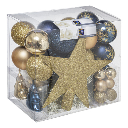 Set of 43x pcs plastic christmas baubles champagne/blue star tree topper mix
