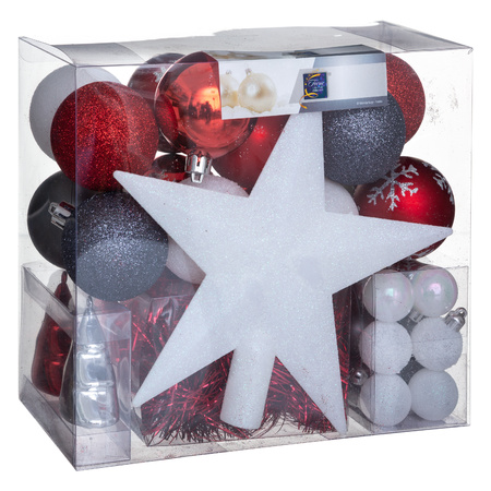 Set of 43x pcs plastic christmas baubles red/white/grey star tree topper mix