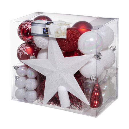 Set of 43x pcs plastic christmas baubles red/white star tree topper mix
