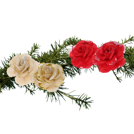 Set van 4x stuks decoratie bloemen rozen goud en rood op clip 9cm