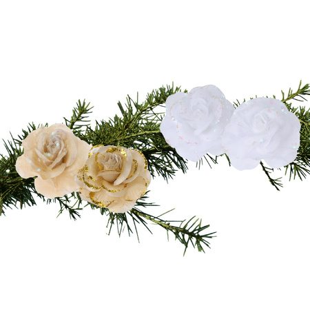 Set of 4x pcs decoration flowers roses gold and white on clip 9 cm
