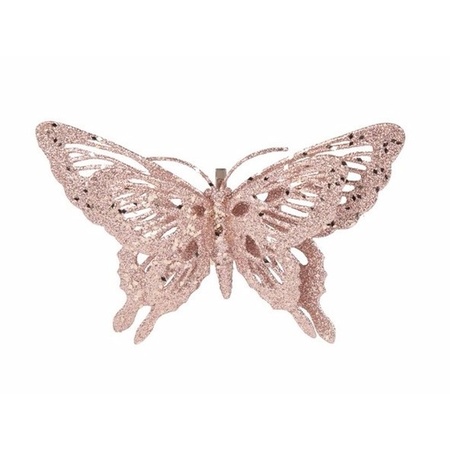 Set of 4x pieces christmas deco butterfly pink 15 x 11 cm