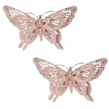 Set of 4x pieces christmas deco butterfly pink 15 x 11 cm
