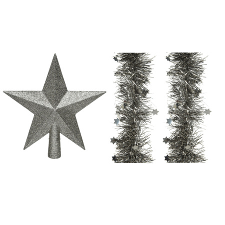 Set van een kerst ster piek en 2x stuks kerstslingers antraciet (warm grey) glitter 270 x 10 cm