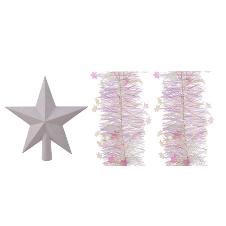 Set of a christmas star peak and 2x garlands pearl white 270 x 10 cm