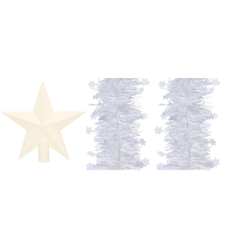 Set van een kerst ster piek en 2x stuks kerstslingers wit 270 x 10 cm