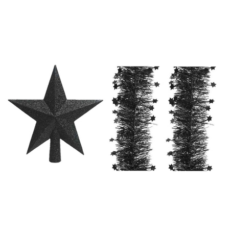 Set van een kerst ster piek en 2x stuks kerstslingers zwart 270 x 10 cm