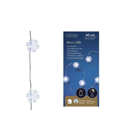 Lumineo Lichtsnoer - sneeuwvlokken - met timer - 40 LEDs - op batterij - kerstverlichting