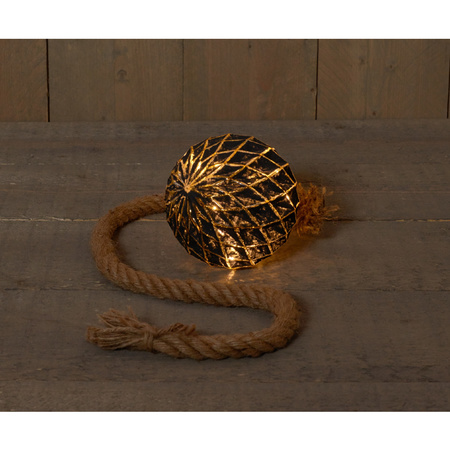 Verlichte glazen kerstbal aan touw met 15 lampjes zwart/goud 15 cm