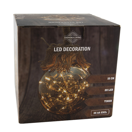 Verlichte glazen kerstbal aan touw met 20 lampjes smoky 15 cm met timer