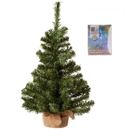 Volle kerstboom in jute zak 60 cm inclusief gekleurde kerstverlichting