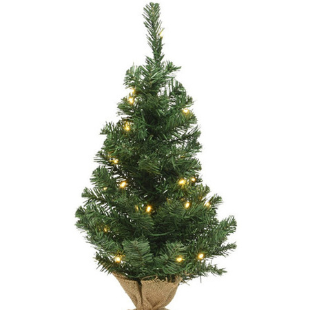 Kerst kerstbomen groen in jute zak met verlichting 45 cm
