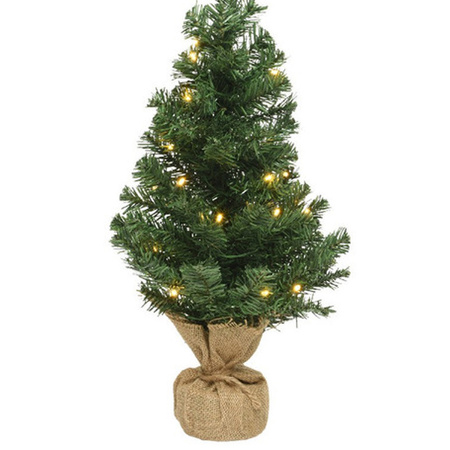 Kunst kerstboom/kunstboom 75 cm met verlichting inclusief naturel jute pot