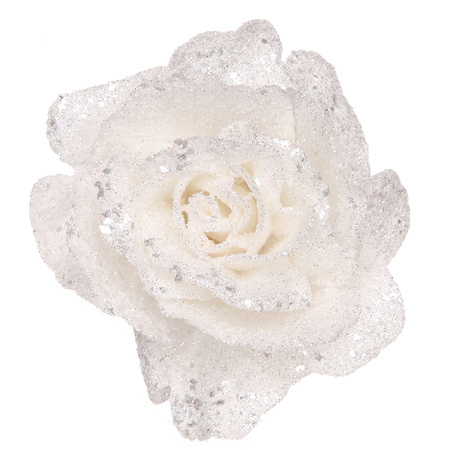 Witte decoratie rozen glitters op clip 10 cm