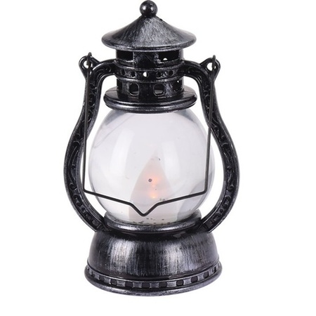 Feestverlichting zwart/grijs kunststof lantaarn 12 cm met vlam effect LED verlichting